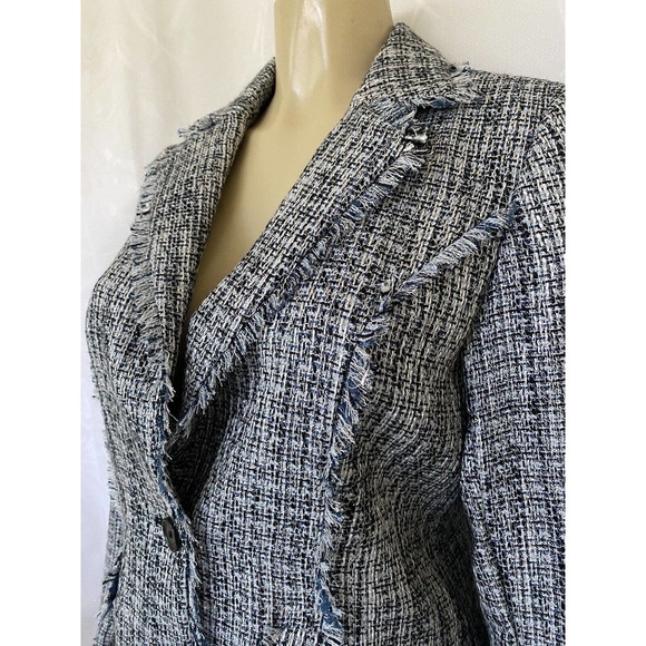 NWOT Karl Lagerfeld Fringe Trim Tweed Blazer Jacket Metallic Blue Two Bu… - Picture 5 of 12